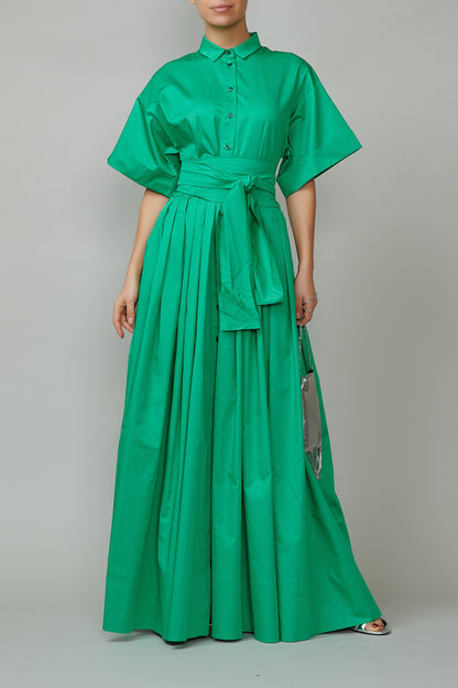 Evening dress, long, made of green cotton