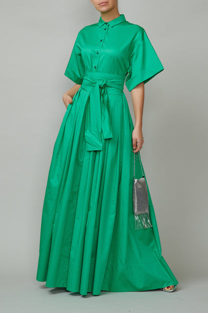 Evening dress, long, made of green cotton