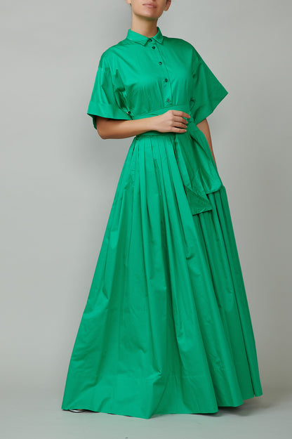 Evening dress, long, made of green cotton