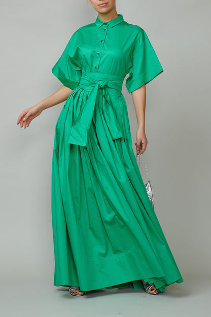 Evening dress, long, made of green cotton