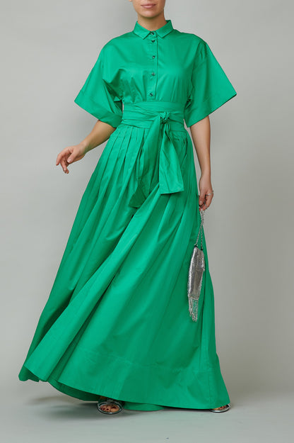 Evening dress, long, made of green cotton