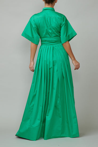 Evening dress, long, made of green cotton