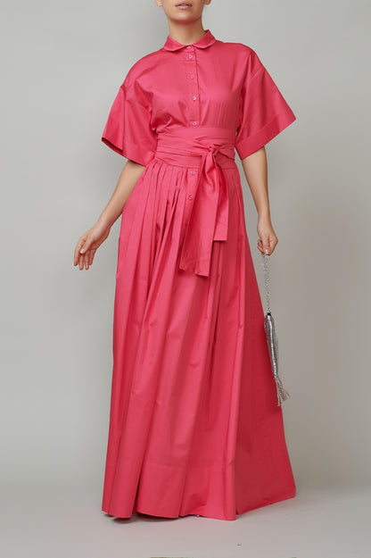 Evening dress, long, made of raspberry pink cotton