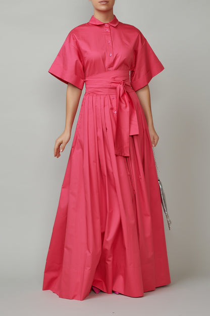 Evening dress, long, made of raspberry pink cotton