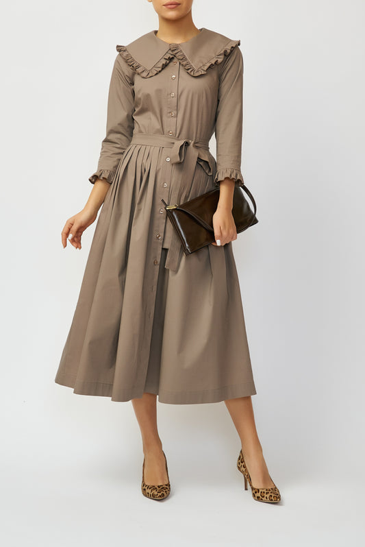 Taupe cotton poplin midi shirt dress