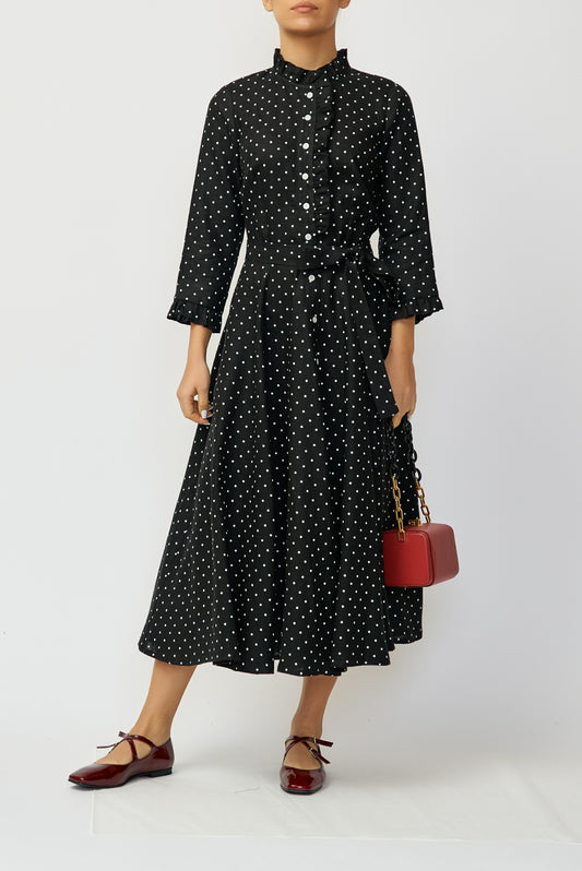 Black linen midi shirt dress with white polka dots