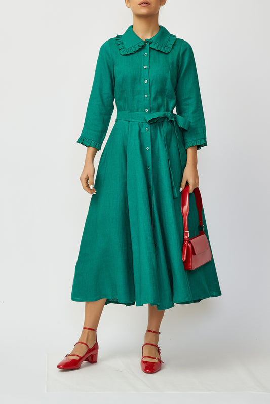 Green linen midi shirt dress