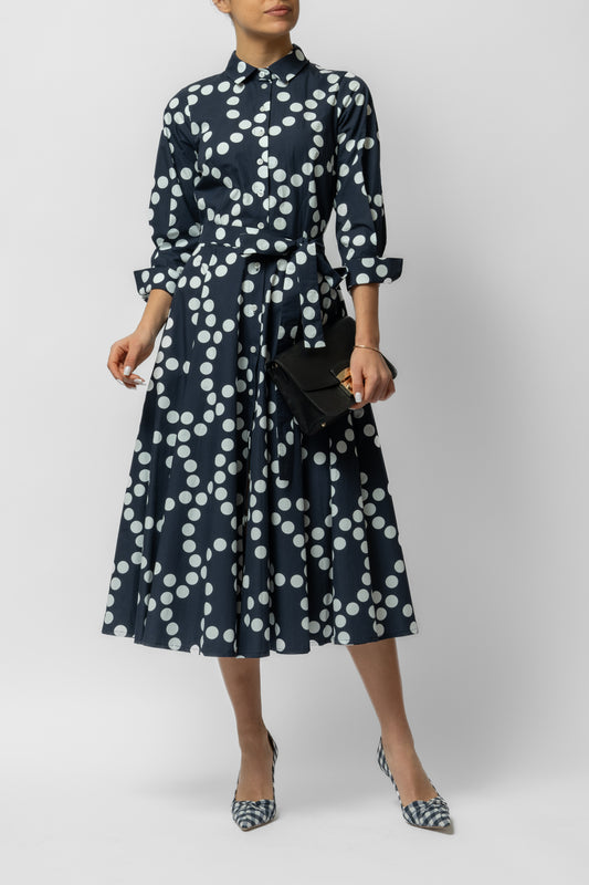 Cotton midi shirt dress with white polka dots on navy blue