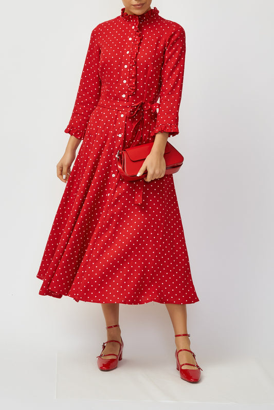 Red linen midi shirt dress with white polka dots