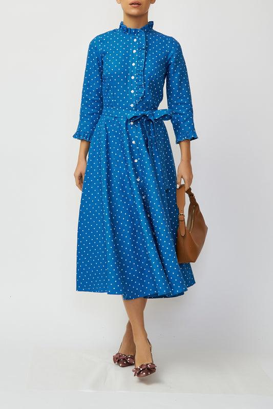 Blue linen midi shirt dress with white polka dots