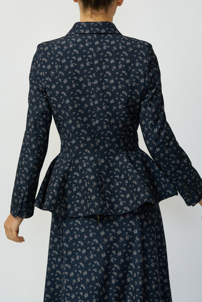 Jacket with peplum and lapel, made of 100% navy wool with small flowers