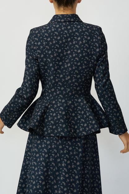 Jacket with peplum and lapel, made of 100% navy wool with small flowers