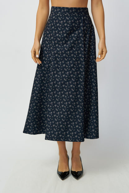 Wide midi skirt, with pleats, made of 100% wool, navy blue with small flowers, delivery 02/25-03/25