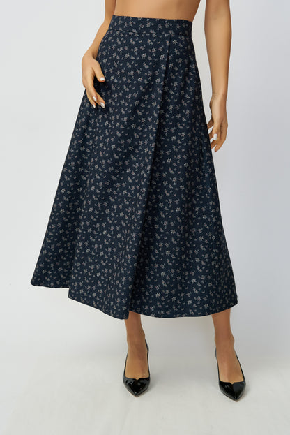 Wide midi skirt, with pleats, made of 100% wool, navy blue with small flowers, delivery 02/25-03/25