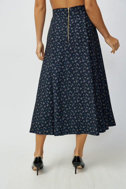 Wide midi skirt, with pleats, made of 100% wool, navy blue with small flowers, delivery 02/25-03/25