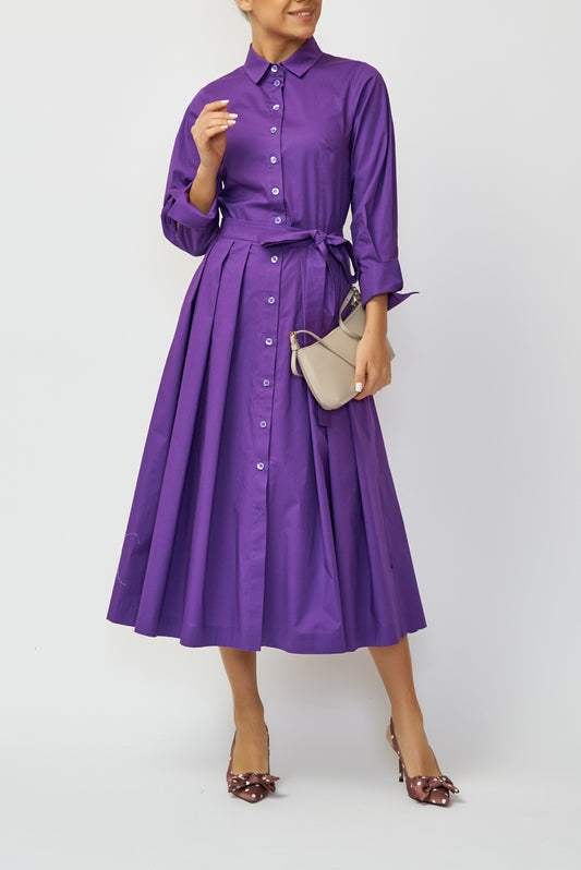 Purple cotton poplin midi shirt dress