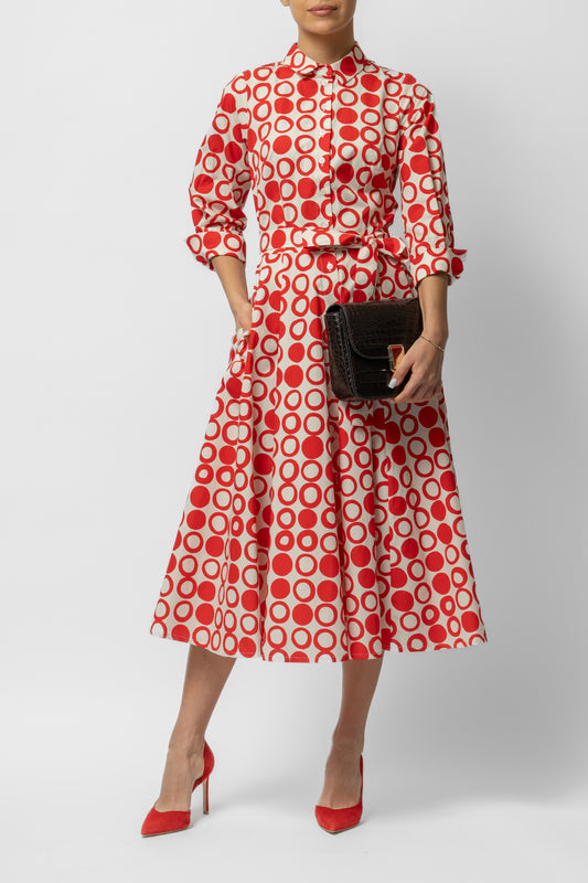 Cotton midi shirt dress, with red polka dots on cream