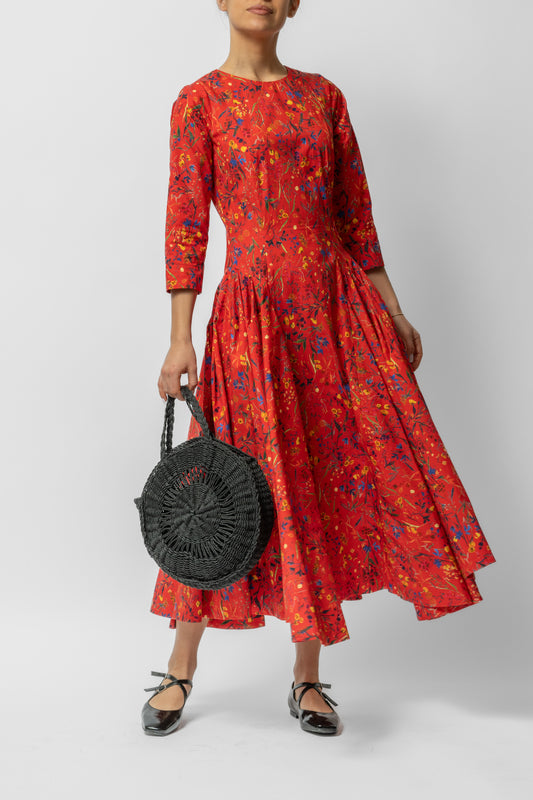 Red cotton midi dress with flowers