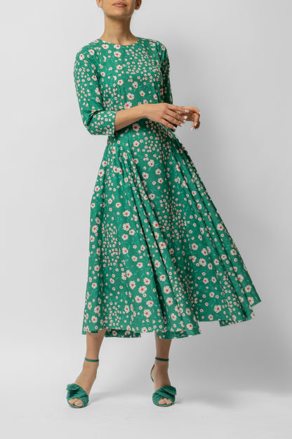 Rochie midi din bumbac cu flori pe verde