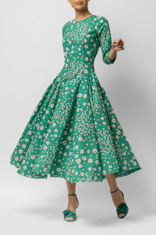 Cotton midi dress with flowers on green