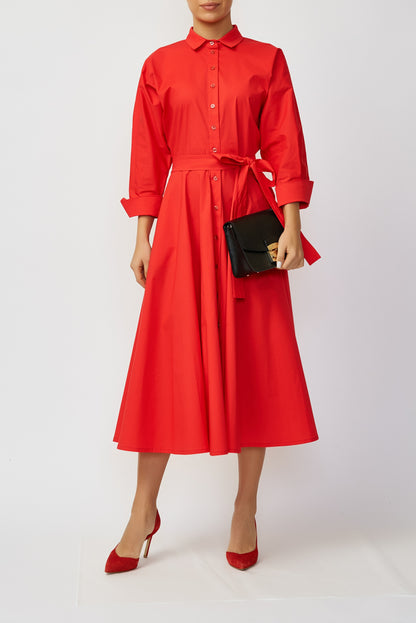 Red cotton poplin midi shirt dress