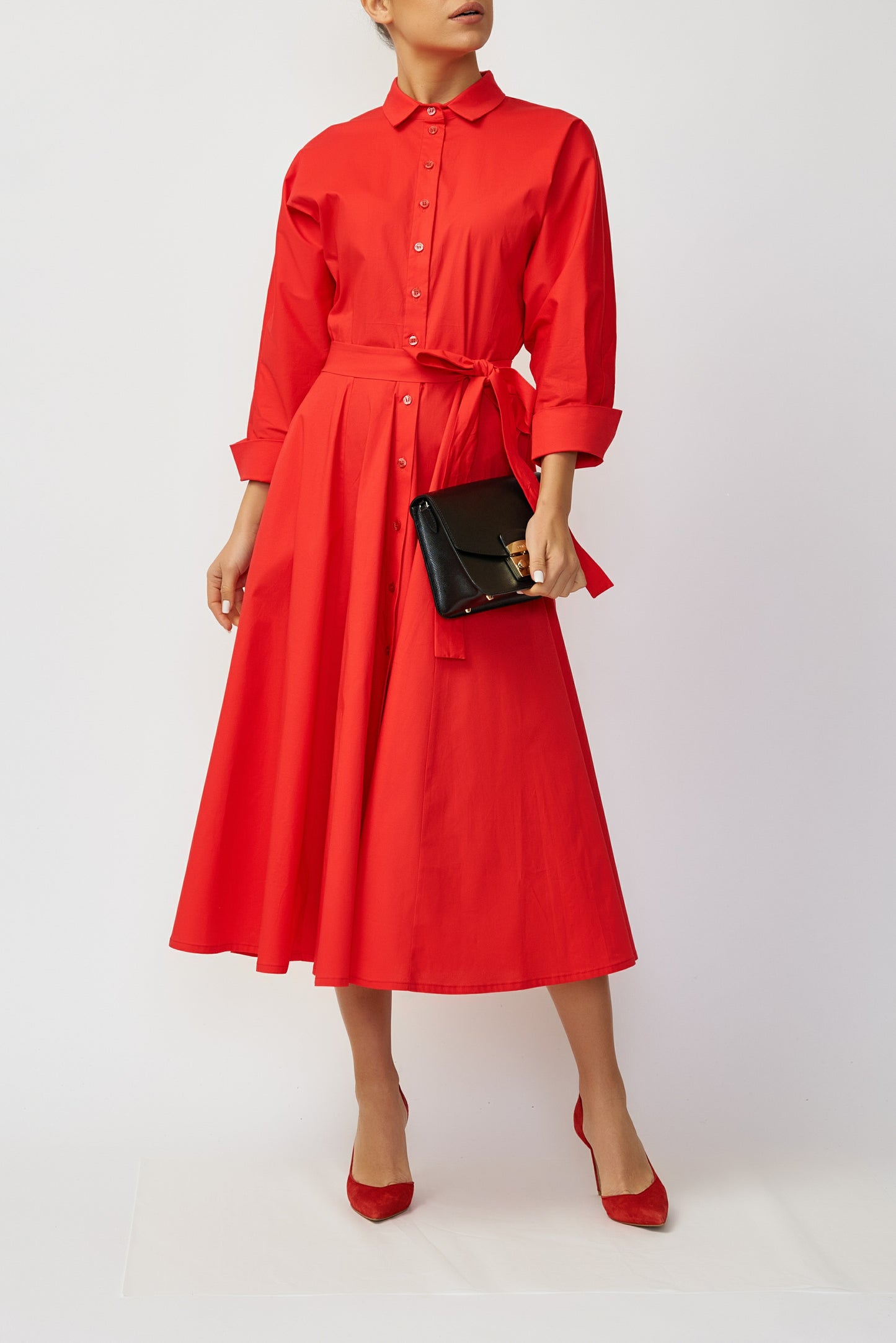 Red cotton poplin midi shirt dress