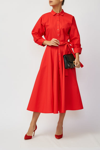 Red cotton poplin midi shirt dress