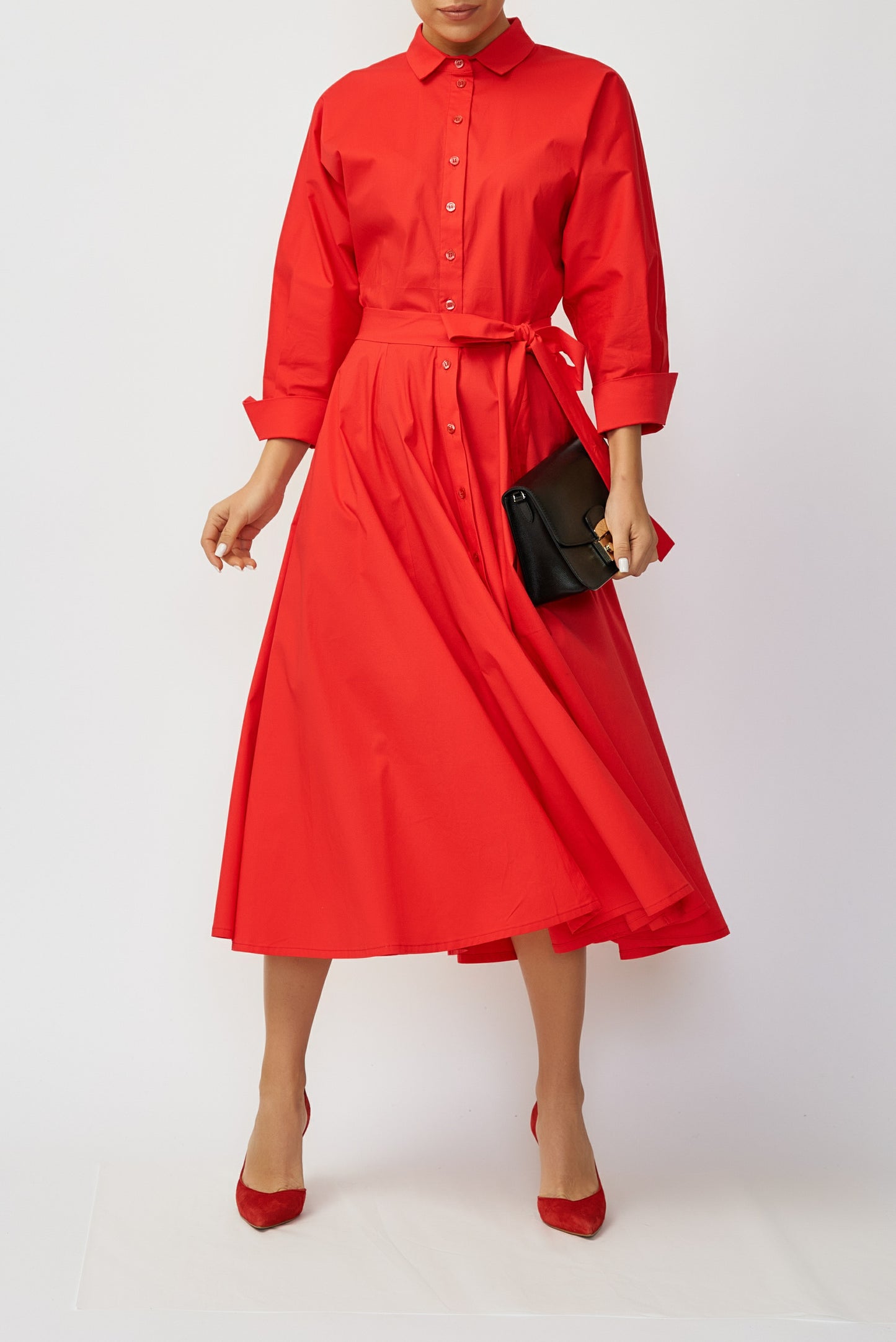 Red cotton poplin midi shirt dress