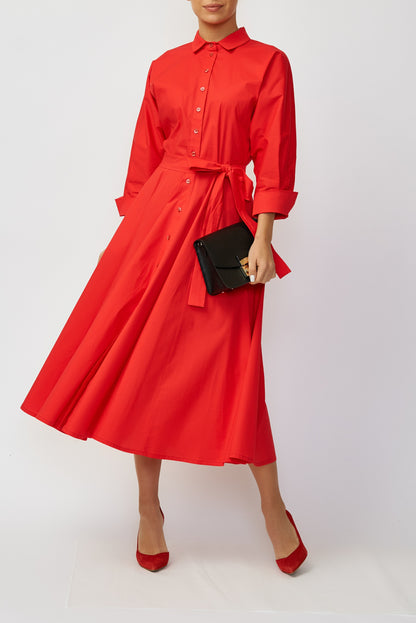 Red cotton poplin midi shirt dress