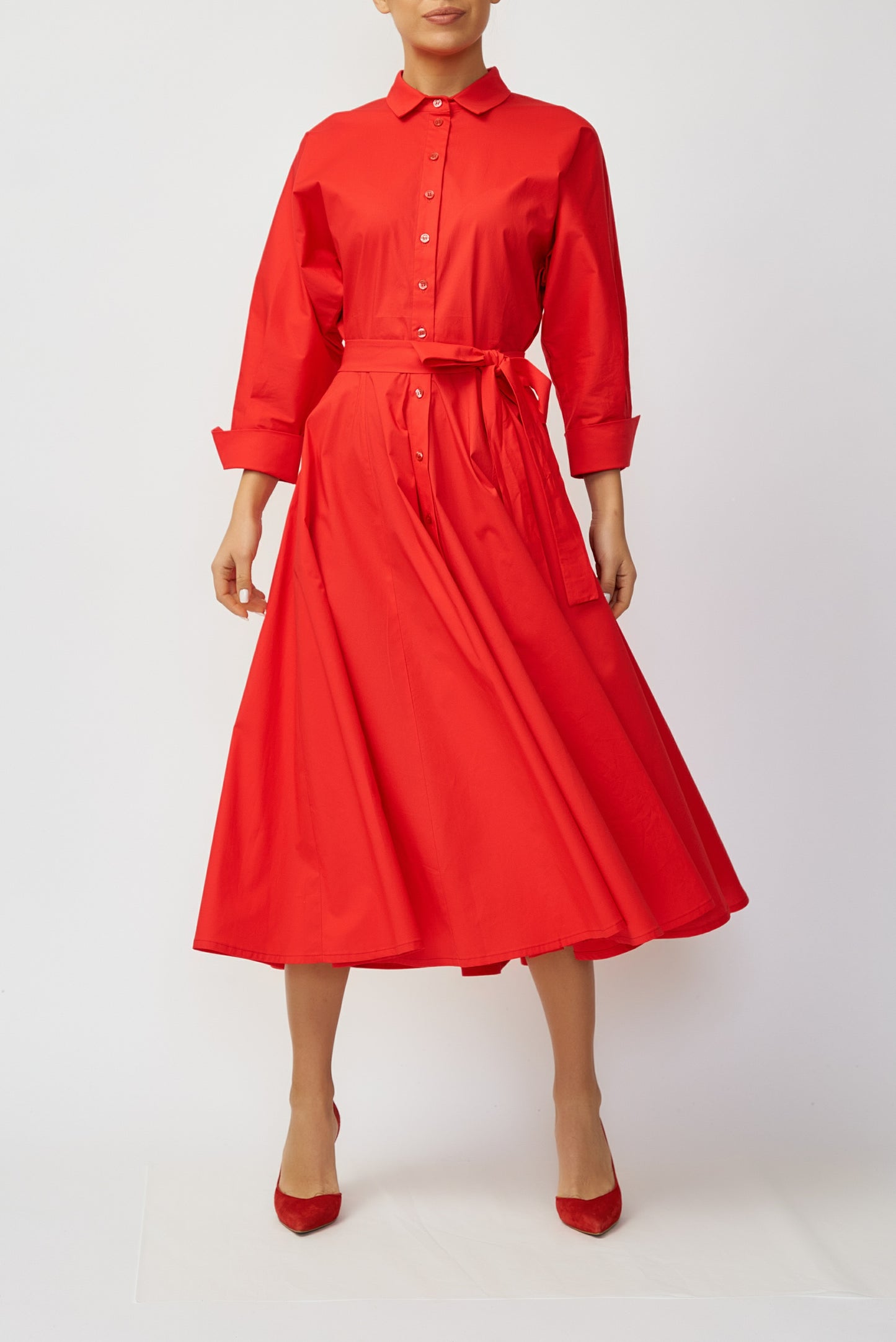 Red cotton poplin midi shirt dress