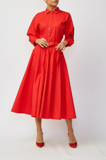 Red cotton poplin midi shirt dress