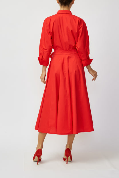 Red cotton poplin midi shirt dress