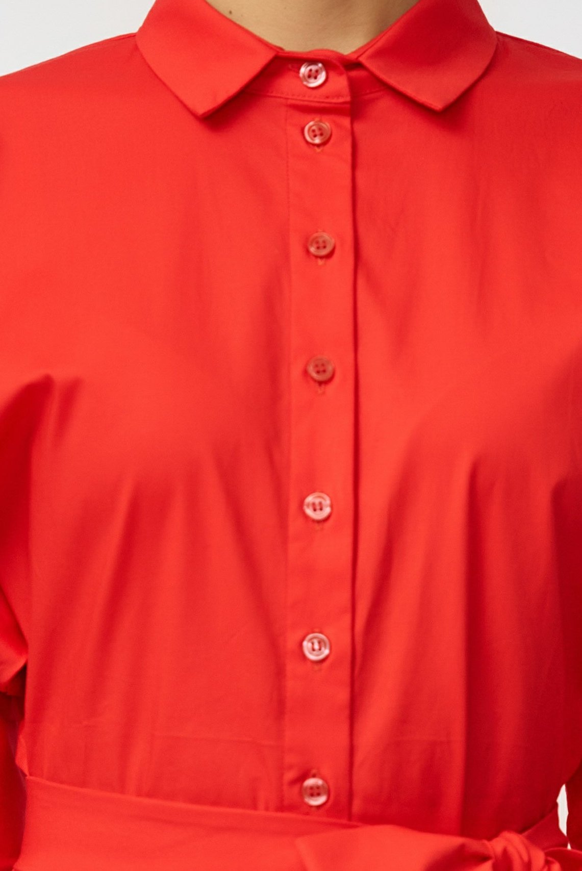 Red cotton poplin midi shirt dress