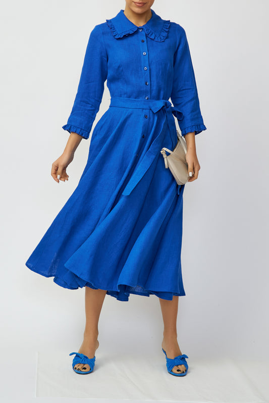 Blue linen midi shirt dress