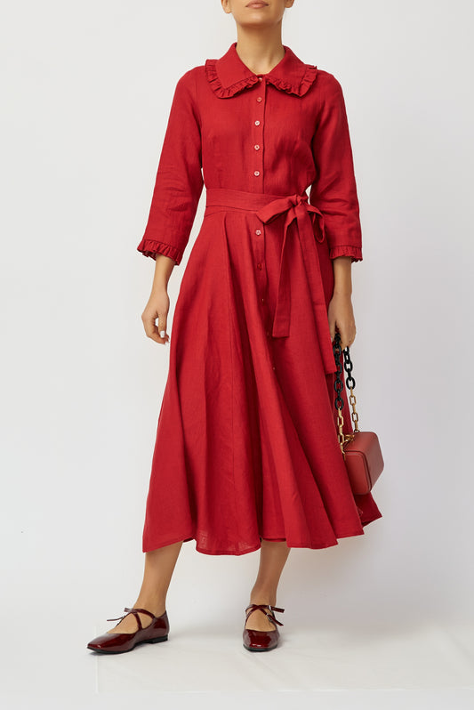 Red linen midi shirt dress