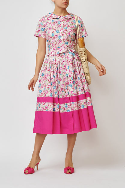 Shirt dress with short sleeves, in floral poplin with pink border