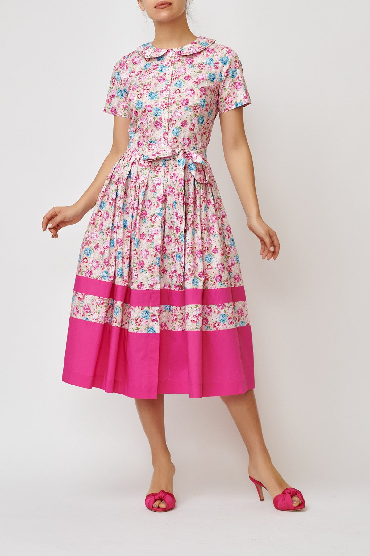 Shirt dress with short sleeves, in floral poplin with pink border