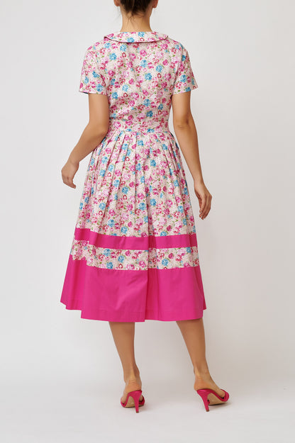 Shirt dress with short sleeves, in floral poplin with pink border