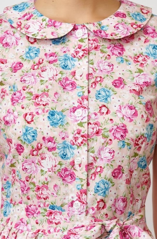 Shirt dress with short sleeves, in floral poplin with pink border