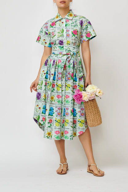 Cotton shirt dress with Heritage postage stamp print