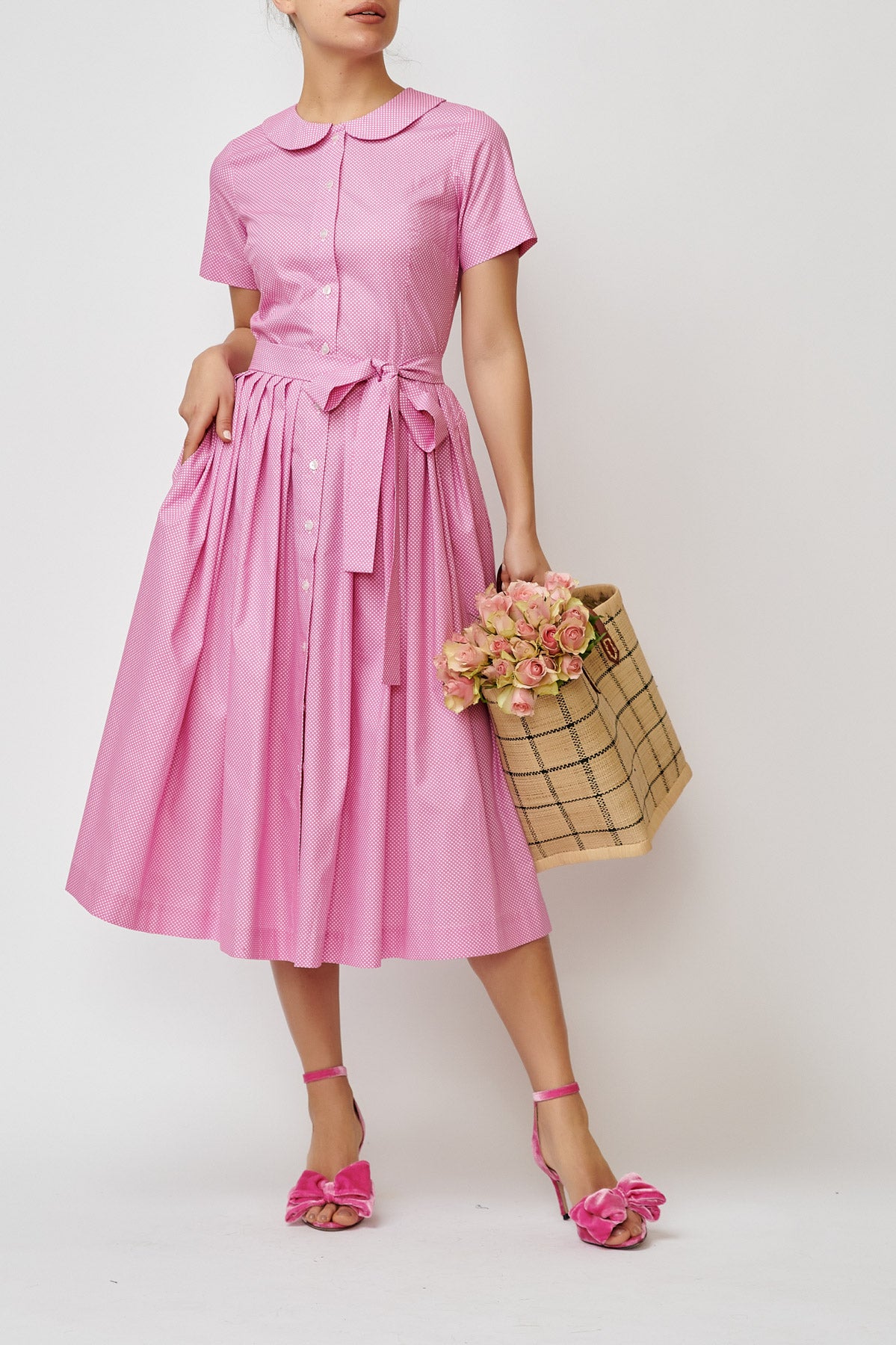 Summer midi shirt dress, made of pink cotton with polka dots