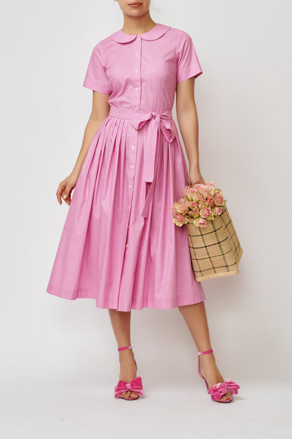 Summer midi shirt dress, made of pink cotton with polka dots