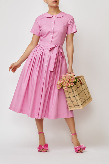 Summer midi shirt dress, made of pink cotton with polka dots