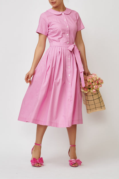 Summer midi shirt dress, made of pink cotton with polka dots