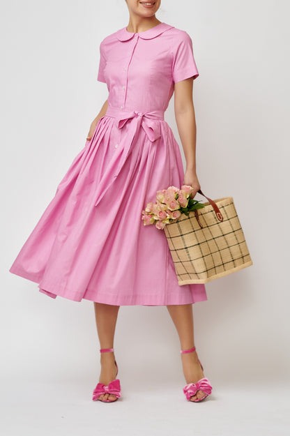 Summer midi shirt dress, made of pink cotton with polka dots