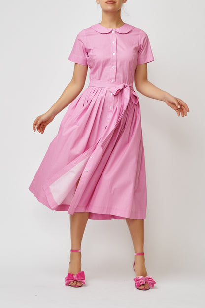 Summer midi shirt dress, made of pink cotton with polka dots