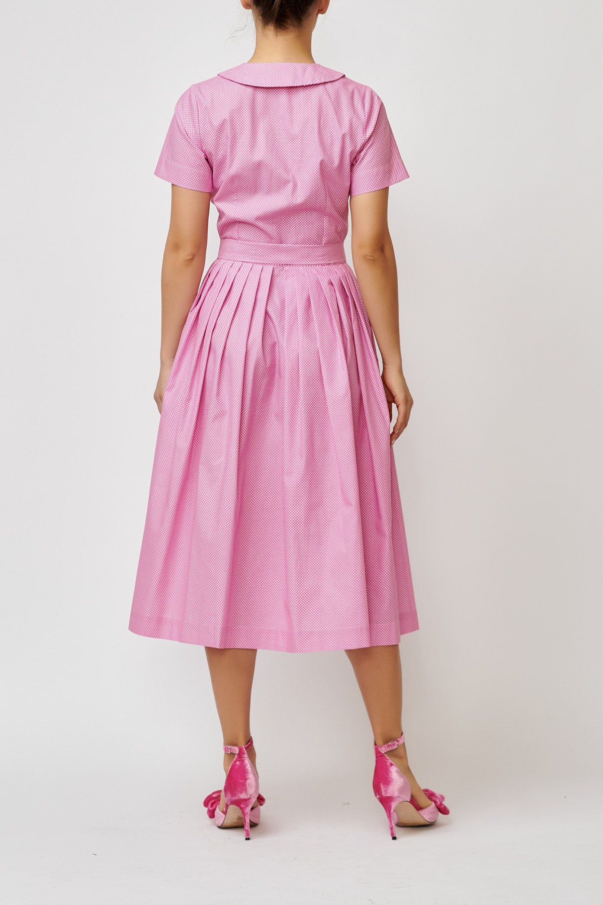 Summer midi shirt dress, made of pink cotton with polka dots