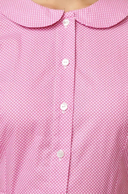 Summer midi shirt dress, made of pink cotton with polka dots