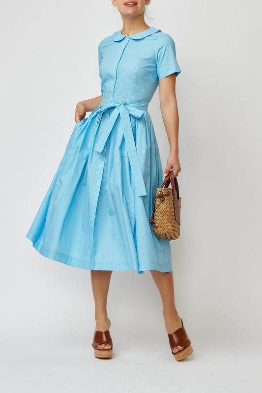 Summer midi shirt dress, made of blue cotton with polka dots