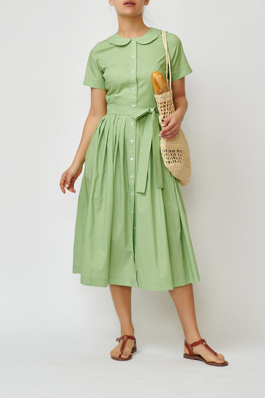 Summer midi shirt dress, made of green cotton with polka dots